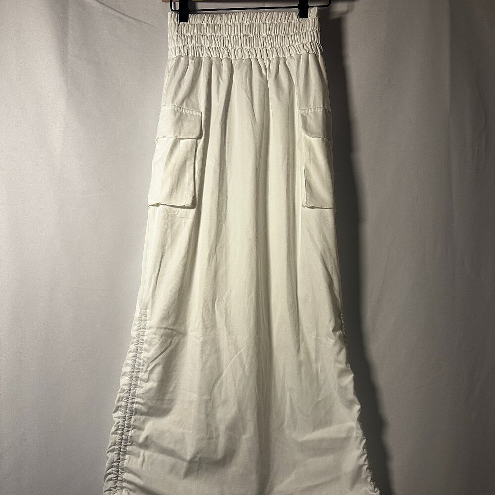 White Ruched Cargo Midi Skirt Size S Adjustable Drawstring Utility Skirt